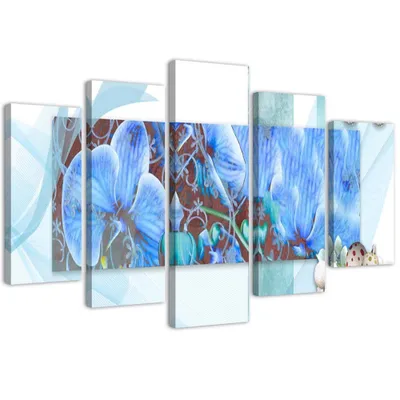 Produktbild von 5-teiliges leinwandbild orchideenarrangement 150x100 cm Feeby blau wandbild bereit zum aufhängen