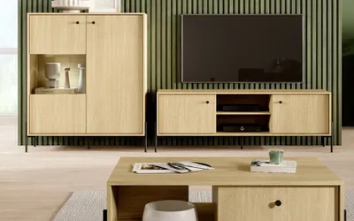 Produktbild von Wohnzimmer-set SCANDI 8 TV Schrank + Couchtisch + Vitrine Eiche Scandi/ Eiche Fischgrät