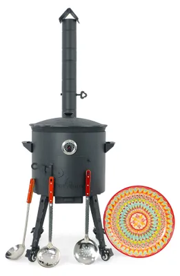 Produktbild von Utschak Feuerofen Ø 40 cm + Gusseisen-Kasan 12 L, runder Boden + Küchenzubehör, Usbekischer Kochtopf aus Gusseisen
