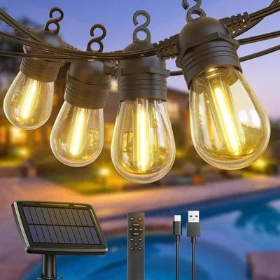 Image de Lumières solaires d'extérieur - 10 LED, 12,5 m - Ampoules solaires - Recharge USB/solaire - 4 modes - Mode solaire 3 - Jardin, balcon, fête