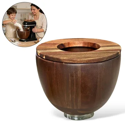 Produktbild von Natürliche Akazienholz-Rührschüssel für KitchenAid 4,5–5 Qt Neigungsküchenmaschinen, lebensmittelsicher, Edelstahl-Basis, mit Spritzschutzdeckel