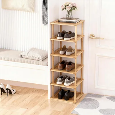 Immagine prodotto di Scaffale per scarpe, 6 ripiani, bambù, 28x26x96 cm, verticale, stretto, autoportante