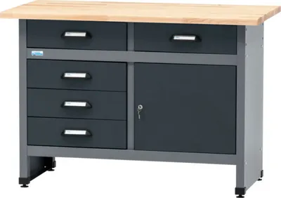 A workbench with drawers and a cabinet.