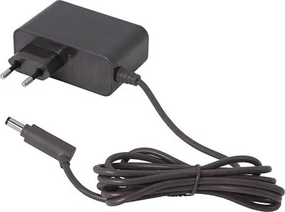 A black and gray power adapter with a cord and plug, isolated on a white background.