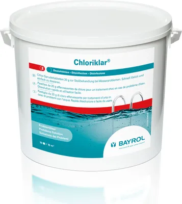 Produktbild von Bayrol Chloriklar schnelllösliche Chlor Sprudeltabletten zur Pool Desinfektion, 10 kg (20g Tabletten), für alle Wasserhärten und Filterarten.