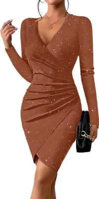 Immagine prodotto di Mini abito da donna sottile con manica lunga e scollo a V per cocktail party, nero, L