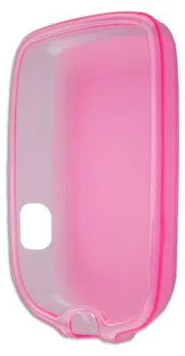 A pink and clear protective case for a medical device.