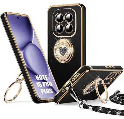Image de Coque pour Xiaomi Redmi Note 15 Pro Plus 5G, Silicone avec Cordon et Anneau Motif Cœur - Noir