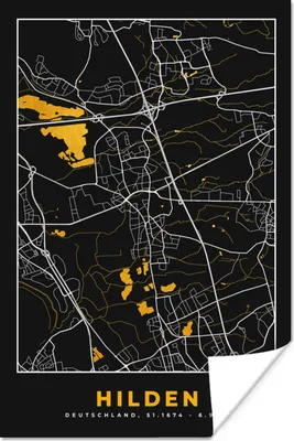Produktbild von MuchoWow® Poster Deutschland - Schwarz und Gold - Hilden - Stadtplan - Karte 120x180 cm - Kunstposter