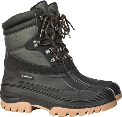 A pair of black winter boots shown against a white background.