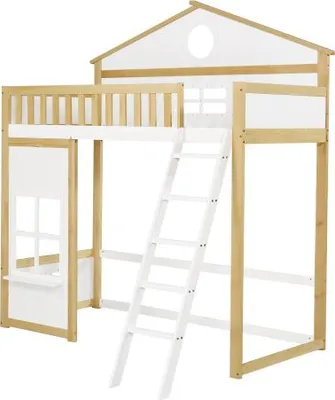Produktbild von Weiss Etagenbett 90x200cm (Ohne Matratze) Kinderbett Hausbett, Bettgestell aus Kiefer und MDF mit Leiter undausziehbarem Bett und 3 Schubladen