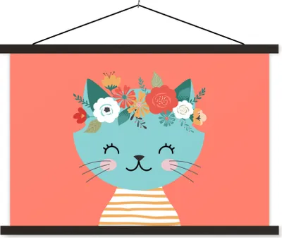 Produktbild von MuchoWow® Textilposter Katze - Blumen - Rosa 90x60 cm mit schwarzem Rahmen - Aufhängungssatz