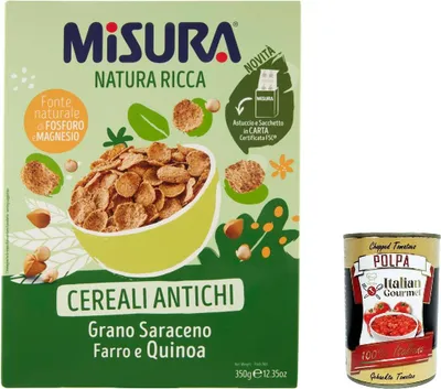 Produktbild von 12x Misura Natura Ricca Ancient Cereals Buchweizen Dinkel und Quinoa 350 g + Italian Gourmet polpa 400g