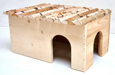 Produktbild von Ollesch Nagerhaus 50x25x33cm für Meerschweinchen und Kaninchen XL, Holz, natürlich unbehandelt, nagbar, stabil, für innen und außen, 2 Eingänge, Birkendach
