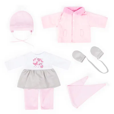Produktbild von Bayer Design 84200AK Kleiderset für Puppen 38-42cm, 6 Teile, Babypuppen Anziehsachen, rosa, grau, Outfit mit Jacke