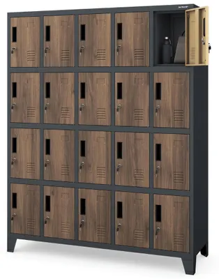 Produktbild von Schließfachschrank Spind ROBERT 20 Fächer Etikettenhalter Lüftungsschlitze | Wertfachschrank Umkleideschrank Metall Kleiderspind 172x136x45cm Anthrazit-Nussbaum