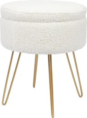 Produktbild von Weicher runder Bouclé-Fußhocker mit goldenen Haarnadelbeinen – Beige