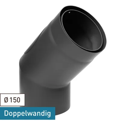 Produktbild von Raik Izoker Rauchrohrbogen 150mm schwarz doppelwandig 45° mit Tür für Rauchrohr / Ofenrohr