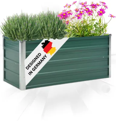 A green raised garden bed filled with plants and flowers, with a white banner indicating it is "DESIGNED IN GERMANY".