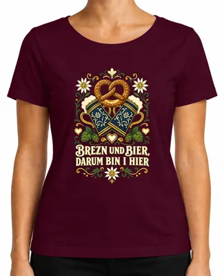 Productafbeelding van Bier en worst, daarom ben ik hier. Traditioneel shirt, lederen broek, dirndl voor dames, T-shirt, bordeauxrood, maat 3XL