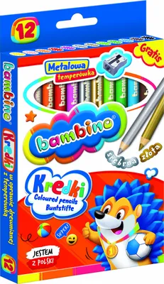 A box of Bambino colored pencils with a sharpener and a hedgehog mascot.