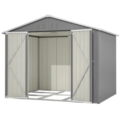 Produktbild von Laiham Gerätehaus Metall Grau 9m³ 260x202x191cm (BxTxH) mit Fundament, Doppeltüren, Sattel-/Pultdach für Gartengeräte, Möbel, Fahrräder, Werkzeuge