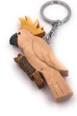 Produktbild von Onwomania Schlüsselanhänger aus Holz Kakadu Papagei Vogel auf Ast Federhaube Sittich Anhänger Charm