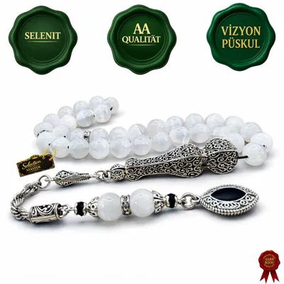 Produktbild von Tesbih Tespih Selenit Selection of the Master Collecttion Vizyon Püskül 8mm Rund Küre Gebetskette Rosary Misbah Subha Handkl. Etui