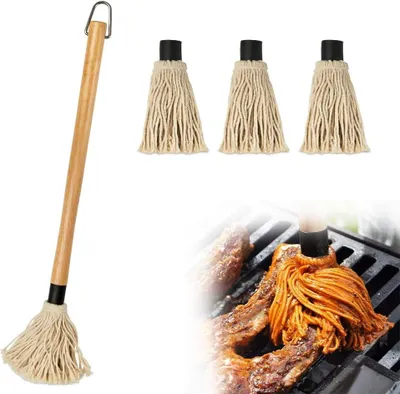 Produktbild von Grillpinsel BBQ Pinsel Basting Mop Profi Sauce Soßen Marinaden Grillbürste Barbecue mit Holzgriff und 3 Stück Extra Ersatz Köpfe zum Kochen Braten Grillen