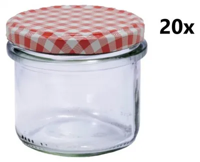 Produktbild von Einmachgläser 235 ml STURZ / GERADE klar/transparent 20 Stück INKLUSIVE KARIERT ROTEN DECKELN, Anzahl der Teile in einer Packung: 20