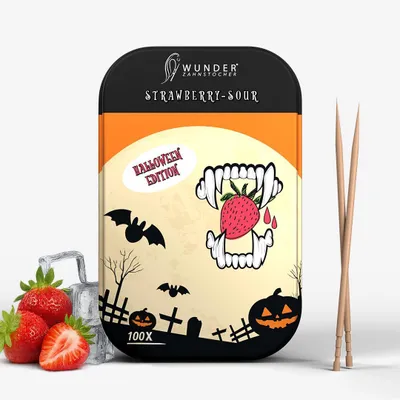 Produktbild von Wunder Zahnstocher Halloween Edition – 100 Stück in Metallbox – Erdbeer-Sauer Geschmack – Limited Edition für Halloween-Partys