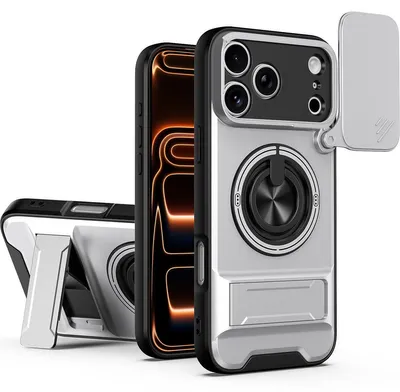 Obrázek produktu pro Magnetické pouzdro pro iPhone 17 Pro Max Ochranné pouzdro s posuvným krytem fotoaparátu a kroužkovým stojánkem Stříbrná