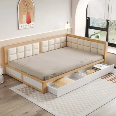 Obrázek produktu pro Rozkládací pohovka AIORBER, 140x200 cm, dvě velké zásuvky, lamelový rošt, kvalitní borovice, s úložnými zásuvkami, měkké opěradlo, barva dřeva
