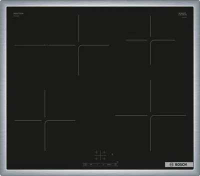 A top-down view of a black induction cooktop with silver trim.