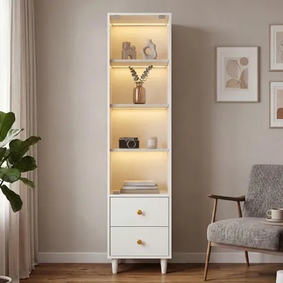 Immagine prodotto di Vetrina bianca, illuminazione a LED, ante in vetro, 2 cassetti, finitura dorata, dimensioni 165x40x35 cm