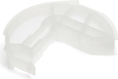 A white, semi-transparent plastic corner bracket with internal divisions.