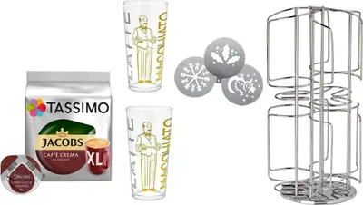 Produktbild von Tassimo Kapselspender für 48 T-Discs plus 1 Packung Crema XL plus 2 Latte Gläser plus Schablonen Edelstahl