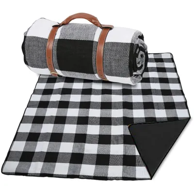 Zdjęcie produktu dla Koc piknikowy Izrielar, wodoodporny, 200 x 200 cm, XXL, koc kempingowy, składany, z uchwytem do przenoszenia, w niebiesko-białą kratkę