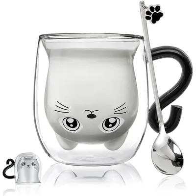 Productafbeelding van Dubbelwandige koffiekopjes met kattenmotief en glinsterend effect, 230-280 ml, verpakt in een cadeauverpakking