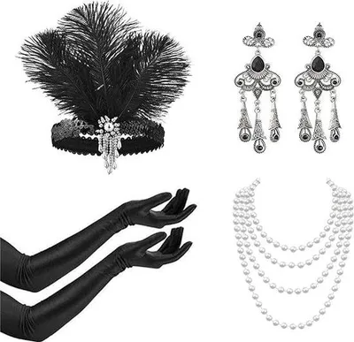 Immagine prodotto di Uniqoos® Set di accessori anni '20 Charleston, composto da 5 pezzi: fascia per capelli nera in stile flapper, guanti lunghi in raso, collana di perle, orecchini e portacenere