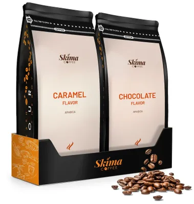 Produktbild von Kaffeebohnen 2 x 1 kg KARAMELL-PARADIES/SCHOKOLADENGENUSS aromatisiert frisch geröstet + Tassenuntersetzer