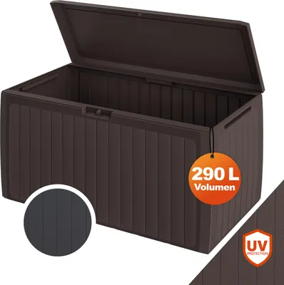 Immagine prodotto di CASARIA® Baule da Giardino 117x47x60cm Aspetto Legno 290L Box Multiuso Multibox Cuscini 6 Ruote Coperchio Esterno