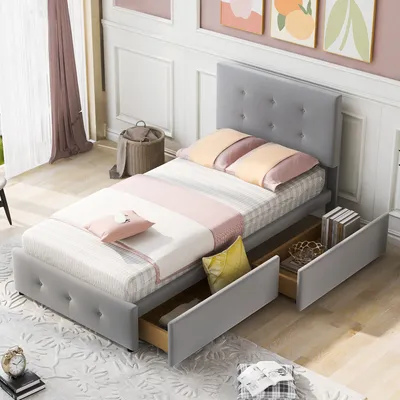 Produktbild von MODFU Polsterbett Kinderbett 90 x 200 cm Bett mit Lattenrost und zwei Schubladen, aus Samt Einzelbett Kinderbett Jugendbett Gästebett, Samt Grau(ohne Matratze)
