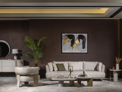 Image de Ensemble de salon moderne beige en tissu et bois