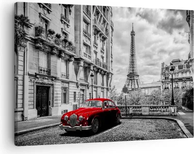 Produktbild von Bild auf Leinwand - Leinwandbild - Auto Eiffle Straße Gebäude - 70x50cm - Wand Bild - Wanddeko - Leinwanddruck - Bilder - Kunstdruck - Wanddekoration - Leinwand bilder - Wandkunst - AA70x50-3214