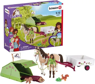 A Schleich Horse Club toy set featuring a tent, horse, trailer, and figures, shown both in its packaging and as a separate display.