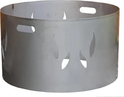 A cylindrical metal fire pit ring with flame cutouts.