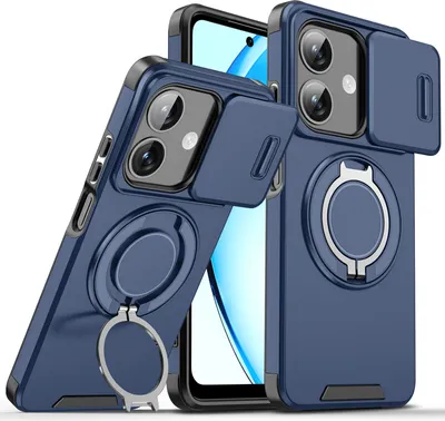 Immagine prodotto di Custodia a doppio strato per Oppo A40, con copertura scorrevole della fotocamera e supporto ad anello magnetico Blu