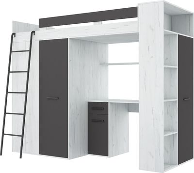 Podkrovná posteľ VERANA L (ľavá) Poschodová posteľ Predsieň 90x200 Šatníková skriňa Policové schody CRAFT WHITE / GRAPHITE