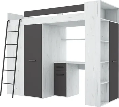 A loft bed with a desk, wardrobe, and shelves.